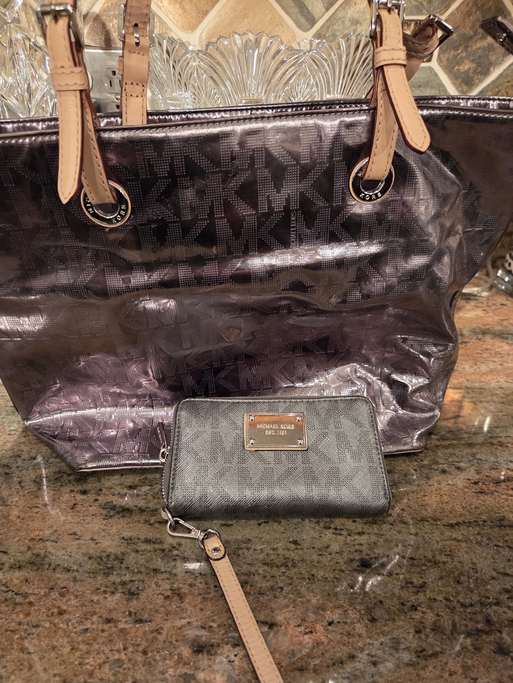 Michael Kors Metallic Pewter Logo Tote with Wallet